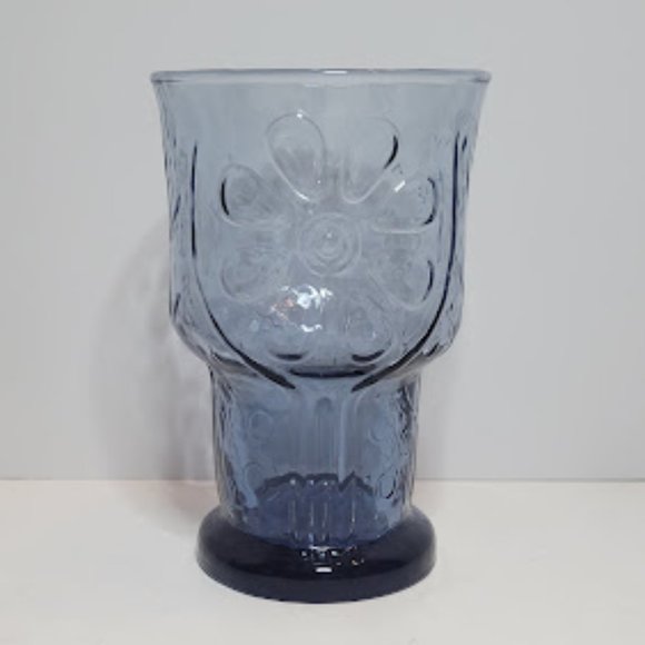 SET OF 4 VINTAGE 1970's LIBBEY BLUE GLASS TUMBLERS COUNTRY GARDEN DAISEY FLOWER - Picture 3 of 6